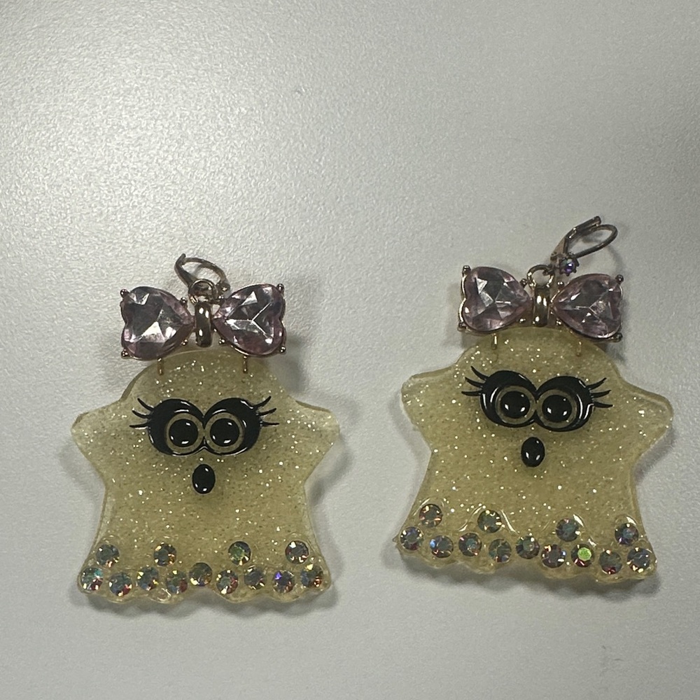 Betsey Johnson Sparkly Ghost Earrings with Pink Bows statement earrings